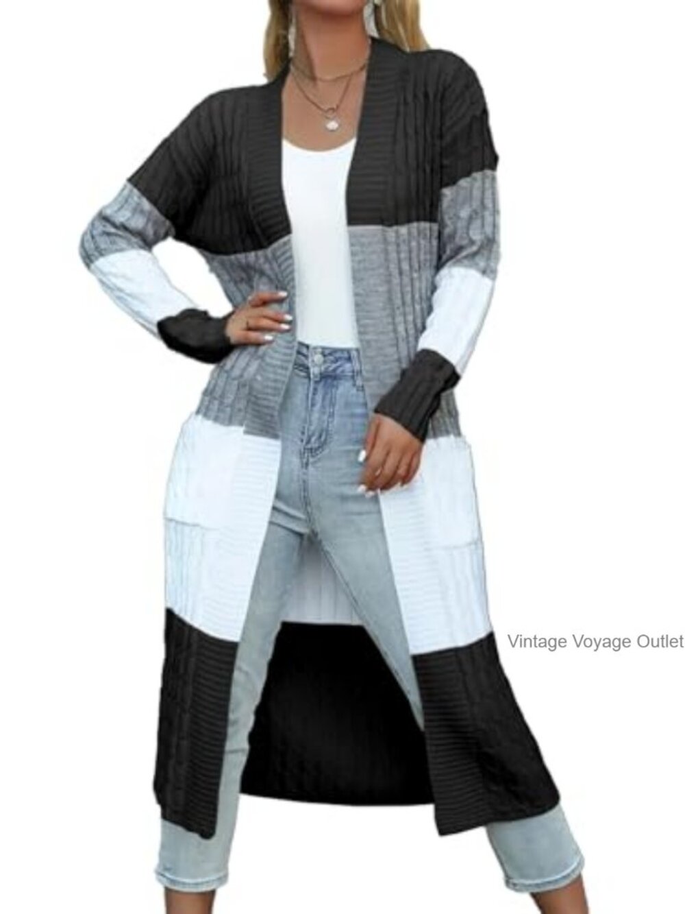 Womens Long Duster Cardigan Chunky Cable Knit Open Front Sweater
